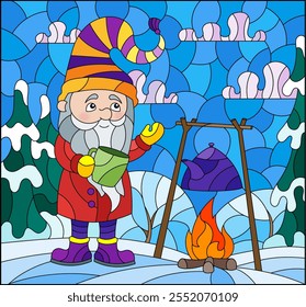 An illustration in the style of a stained glass window with gnome around a campfire on the background of a winter landscape