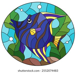 An illustration in the style of a stained glass window with an aquarium fish on a background of algae and water