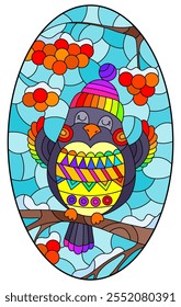 An illustration in the style of a stained glass window with funny bird on the branches of a rowan tree against the sky