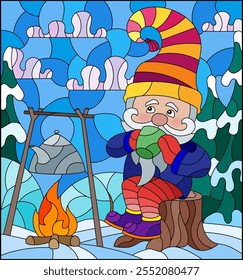 An illustration in the style of a stained glass window with gnome around a campfire on the background of a winter landscape