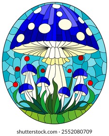 An illustration in the style of a stained glass window with bright mushrooms on a blue sky background