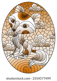 Illustration in the style of a stained glass window with a cute cartoon arctic fox on the background of snow and a cloudy sky, oval image, tone brown