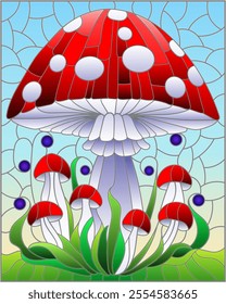 An illustration in the style of a stained glass window with bright mushrooms on a blue sky background