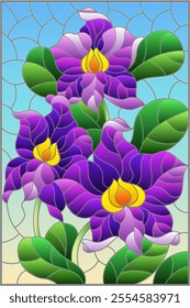 An illustration in the style of a stained glass window with orchid flowers on a blue sky background