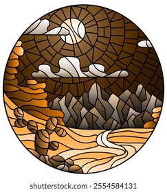 Illustration in the style of a stained glass window with a desert night landscape, oval image, tone brown