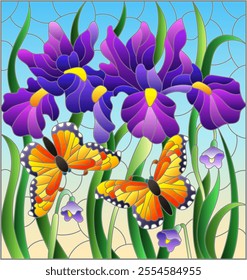 An illustration in the style of a stained glass window with bright iris flowers and butterflies on a blue sky background