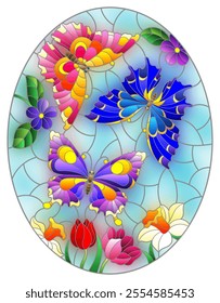 An illustration in the style of a stained glass window with beautiful bright butterflies on a background of flowers and a blue sky, oval image