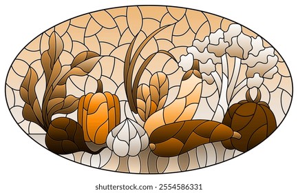 An illustration in the style of a stained glass window with a composition of ripe fresh vegetables on a table, oval image, tone brown