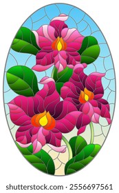 An illustration in the style of a stained glass window with orchid flowers on a blue sky background