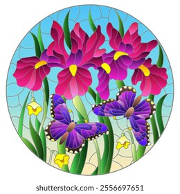 An illustration in the style of a stained glass window with bright iris flowers and butterflies on a blue sky background