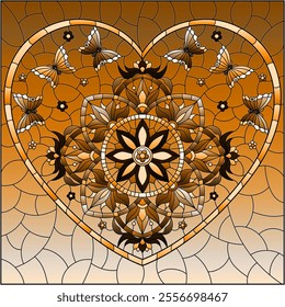 An illustration in the style of a stained glass window with an abstract heart with bright flowers and butterflies , tone brown