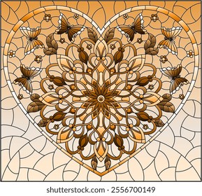 An illustration in the style of a stained glass window with an abstract heart with flowers and butterflies , tone brown