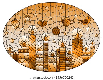 An illustration in the style of a stained glass window on the theme of New year and Christmas with curly candles and Christmas tree toys , tone brown