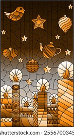 An illustration in the style of a stained glass window on the theme of New year and Christmas with bright curly candles and Christmas tree toys , tone brown