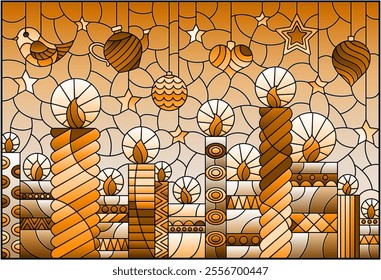 An illustration in the style of a stained glass window on the theme of New year and Christmas with bright curly candles and Christmas tree toys, tone brown