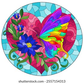 An illustration in the style of a stained glass window with a bright butterfly , lotus flower and heart on a blue background