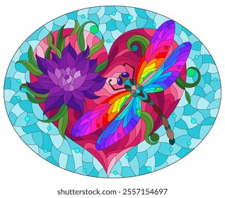 An illustration in the style of a stained glass window with a bright dragonfly , lotus flower and heart on a blue background