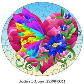 An illustration in the style of a stained glass window with a bright butterfly , lotus flower and heart on a blue background