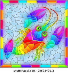 An illustration in the style of a stained glass window with a bright rainbow cancer, a rectangular image in a bright frame