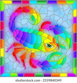 An illustration in the style of a stained glass window with a bright rainbow scorpion, a rectangular image in a bright frame