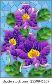 An illustration in the style of a stained glass window with orchid flowers on a blue sky background