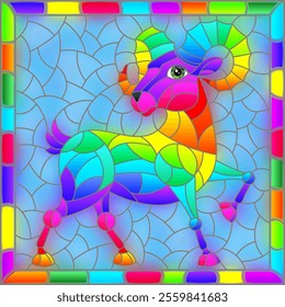 An illustration in the style of a stained glass window with an abstract rainbow ram in a bright frame, a rectangular image