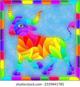 An illustration in the style of a stained glass window with an abstract rainbow bull in a bright frame, a rectangular image