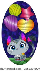 An illustration in the style of a stained glass window with cute cat  with balloons on the background of a meadow and a cloudy sky