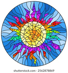 Illustration in the style of a stained glass window abstract cracked  sun against the blue sky, round image 