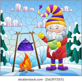 An illustration in the style of a stained glass window with gnome around a campfire on the background of a winter landscape