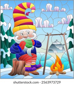 An illustration in the style of a stained glass window with gnome around a campfire on the background of a winter landscape