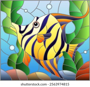 An illustration in the style of a stained glass window with an aquarium fish on a background of algae and water