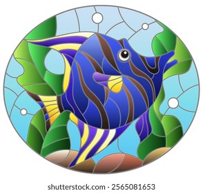 An illustration in the style of a stained glass window with an aquarium fish on a background of algae and water