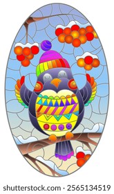 An illustration in the style of a stained glass window with funny bird on the branches of a rowan tree against the sky