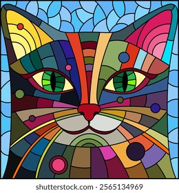 An illustration in the style of a stained glass window with a portrait of a bright abstract cat