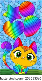 An illustration in the style of a stained glass window with cute cat  with balloons on the background of a meadow and a cloudy sky