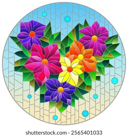 An illustration in the style of a stained glass window with bright flowers on a geometric background