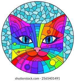 An illustration in the style of a stained glass window with a portrait of a bright abstract cat