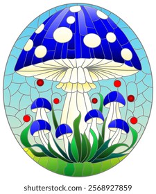 An illustration in the style of a stained glass window with bright mushrooms on a blue sky background