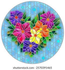 An illustration in the style of a stained glass window with bright flowers on a geometric background