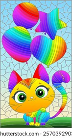 An illustration in the style of a stained glass window with cute cat  with balloons on the background of a meadow and a cloudy sky