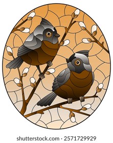 An illustration in the style of a stained glass window with two cardinal birds on willow branches, against a sky, tone brown