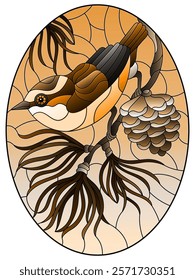 An illustration in the style of a stained glass window with a bird on a fir branch, against a blue sky background, tone brown