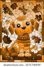 An illustration in the style of a stained glass window with a cute puppy on a background of sky, meadows and flowers, in a frame, tone brown