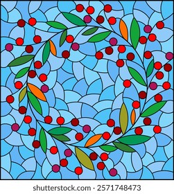 An illustration in the style of a stained glass window with a floral wreath, leaves and berries against the sky