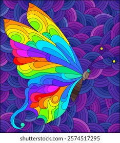 An illustration in the style of a stained glass window with a bright butterfly on a blue wavy background