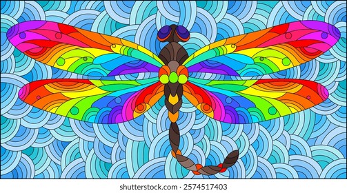 An illustration in the style of a stained glass window with a bright dragonfly on a blue wavy background