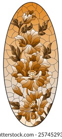 An illustration in the style of a stained glass window with a composition of poppies on a sky background, tone brown