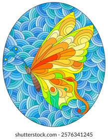 An illustration in the style of a stained glass window with a bright butterfly on a blue wavy background