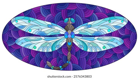 An illustration in the style of a stained glass window with a bright dragonfly on a blue wavy background